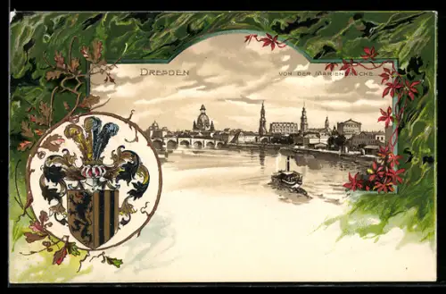 Passepartout-Lithographie Dresden, Ansicht von der Marienbrücke, Stadtwappen