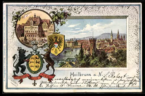Passepartout-Lithographie Heilbronn a. N., Rathaus, Ortsansicht mit Turm, Wappen