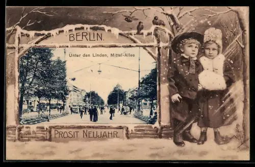 Grusskarten-AK Berlin, Unter den Linden, Mittel-Allee, Kleines Paar im Winter, Eiszapfen-Rahmen, Prosit Neujahr