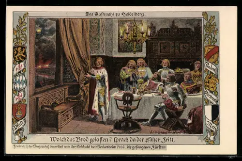 Künstler-AK Heidelberg, Das Gastmahl zu Heidelberg, Wo ich das Brod gelassen?, Landeswappen