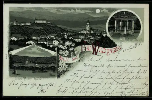 Mondschein-Lithographie Bad Wildungen, Ortsansicht mit Burg, Georg Viktor Quelle, Helenen-Quelle