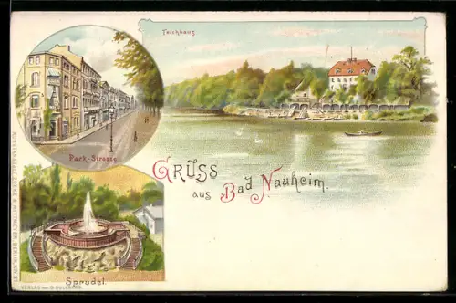 Lithographie Bad Nauheim, Park-Strasse, Sprudel, Teichhaus