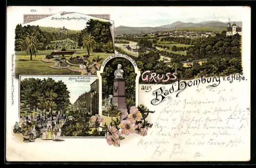 Lithographie Bad Homburg v. d. Höhe, Kurpark, Kaiser-Friedrich-Promenade, Kaiser-Friedrich-Denkmal