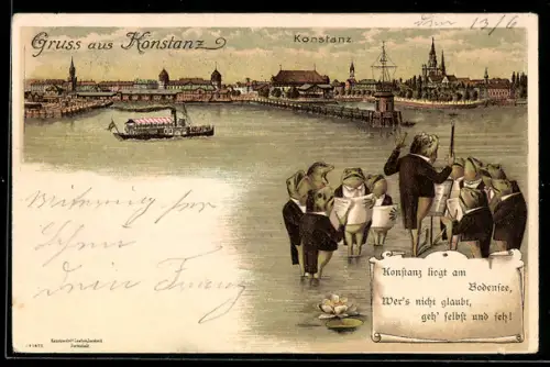 Lithographie Konstanz, Ortsansicht mit Bodensee und Dampfschiff, Froschchor