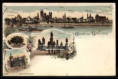 Lithographie Worms, Rathhaus, Stadtpanorama mit Dom u. St. Martinskirche, Luther-Denkmal u. -Baum
