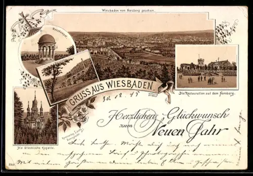Vorläufer-Lithographie Wiesbaden, 1895, Restaurant auf dem Neroberg, Stadt vom Neroberg, Griechische Kapelle