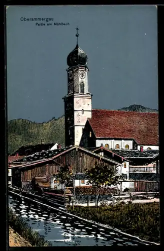Künstler-AK Eugen Felle: Oberammergau, Partie am Mühlbach, mit Kirche