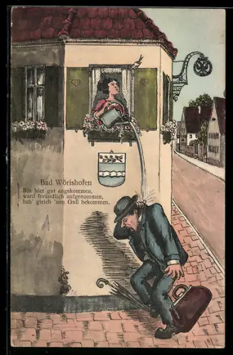 Künstler-AK Bad Wörishofen, Neuer Kurgast erhält den ersten Guss, Humoristische Szene mit Frau am Fenster und Giesskanne