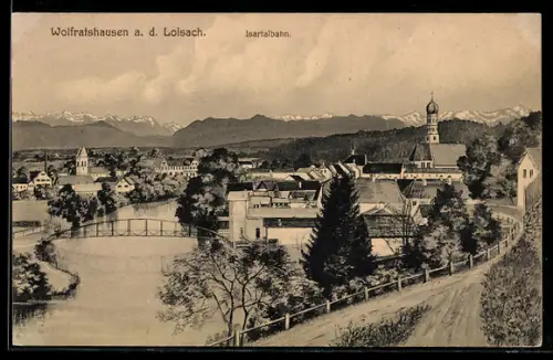 AK Wolfratshausen a. d. Loisach, Isartalbahn, Brücke, Kirche
