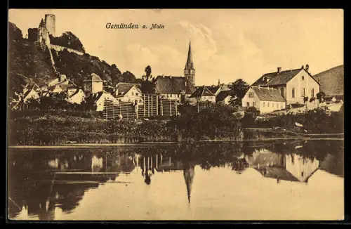 AK Gemünden a. Main, Burg, Kirche, Ortsansicht am Main