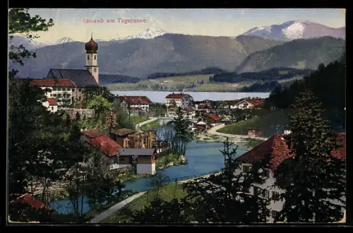 AK Gmund am Tegernsee, Ortsansicht mit Kirche und See
