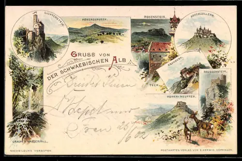 Lithographie Göppingen, Hohenstaufen, Burg Lichtenstein, Uracher Wasserfall