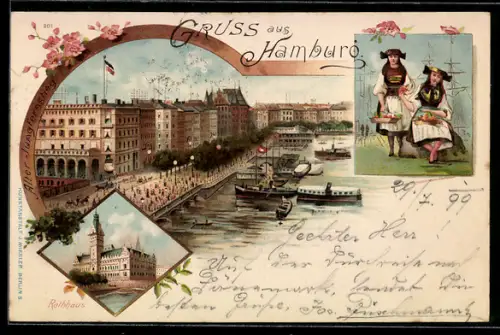 Lithographie Hamburg-Neustadt, Frauen in Tracht mit Blumenkörben, Alter Jungfernstieg, Rathaus