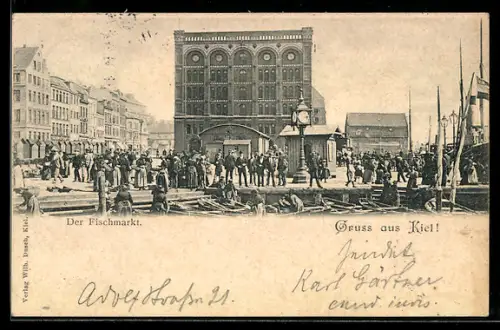 AK Kiel, Fischmarkt mit Standuhr
