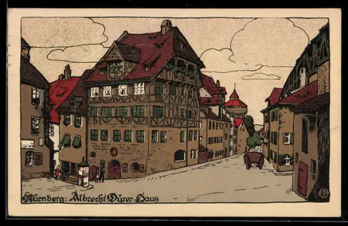 Steindruck-AK Nürnberg, Albrecht Dürer-Haus m. Litfasssäule