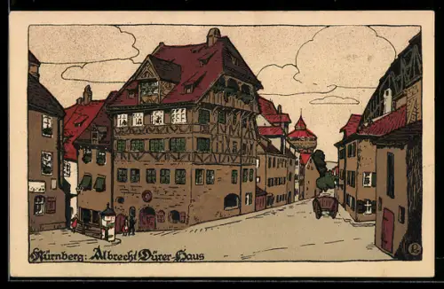 Steindruck-AK Nürnberg, Strassenpartie mit Albrecht-Dürer-Haus