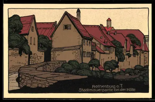 Steindruck-AK Rothenburg / Tauber, Stadtmauerpartie bei der Hölle