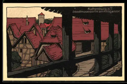 Steindruck-AK Rothenburg o. T., Stadtmauer am Klingentor