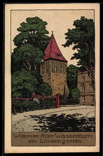 Steindruck-AK Wismar, Alter Wasserturm am Lindengarten