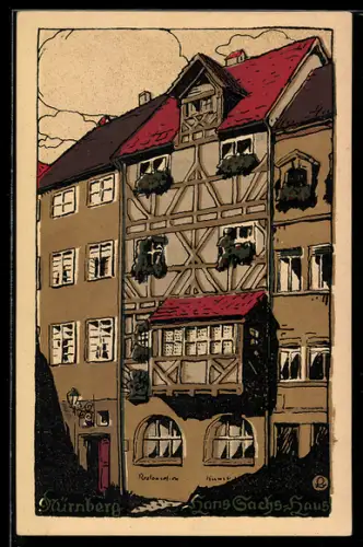 Steindruck-AK Nürnberg, Blick auf Hans Sachs Haus