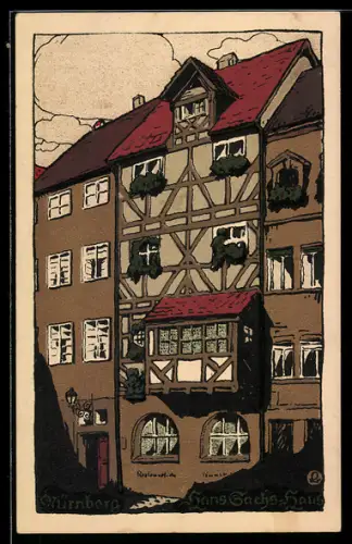Steindruck-AK Nürnberg, Blick auf Hans Sachs Haus