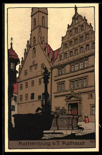 Steindruck-AK Rothenburg, Rathaus