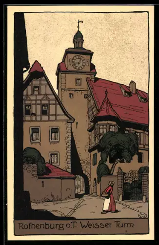 Steindruck-AK Rothenburg o. T., Dame mit Korb am weissen Turm