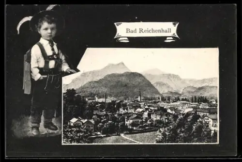 Grusskarten-AK Bad Reichenhall, Teilansicht, Junge in Tracht