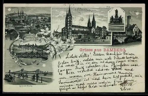 Mondschein-Lithographie Bamberg, Teilansicht mit Dom und Altenburg, Luitpold-Brücke, Maximiliansbrunnen