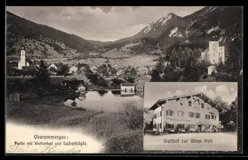 AK Oberammergau, Partie mit Weiherbad und Isaberköpfe, Gasthof zur Alten Post