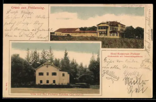 AK Freilassing, Hotel-Restaurant Föckerer, Rückansicht mit Oekonomiegebäude, Villa und Bad Föckerer Carl Oertel