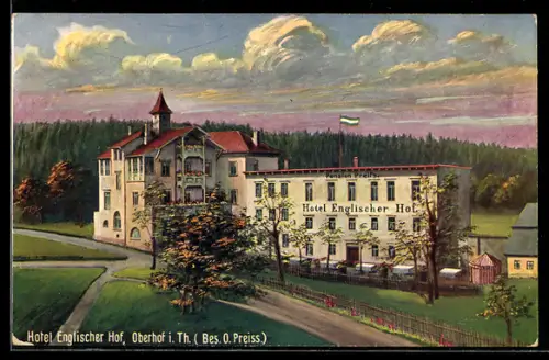Künstler-AK Oberhof i. Th., Blick auf das Hotel Englischer Hof mit den Grünanlagen davor