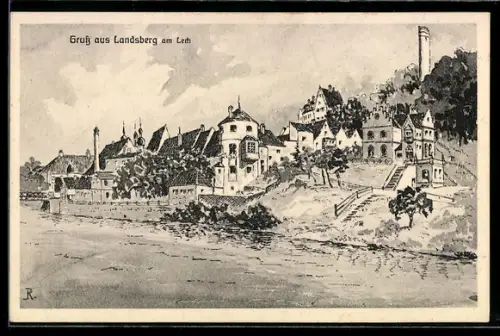 Künstler-AK sign. Hans Pernat: Landsberg am Lech, Uferpartie mit Schloss