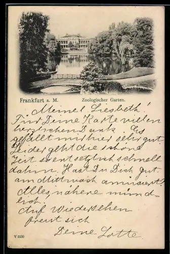 AK Frankfurt a. M., Zoologischer Garten, Teich mit Brücke, Bootspartie, Gebäude