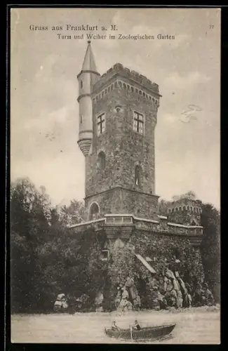 AK Frankfurt a. M., Zoologischer Garten, Turm und Weiher, Bootspartie