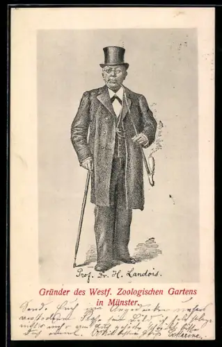 Lithographie Münster, Portrait H. Landois, Gründer des Westf. Zoologischen Gartens