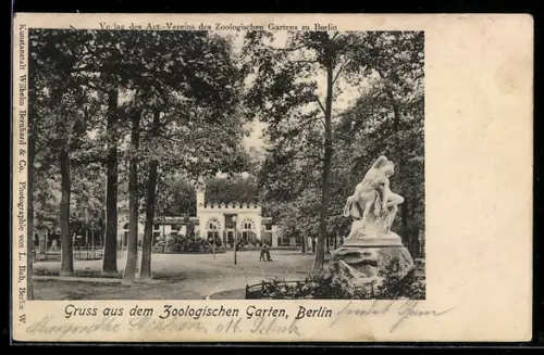 AK Berlin, Zoologischer Garten, Turmgebäude mit Zinnen, Statue