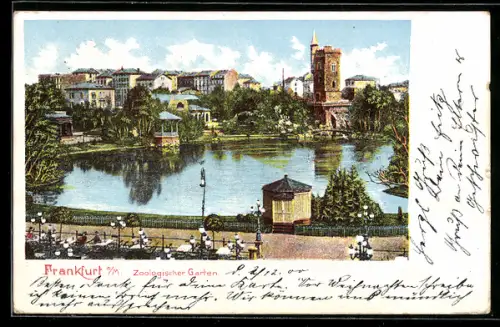AK Frankfurt a. M., Zoologischer Garten, Gartenrestaurant, Teich, Pavillons, Turm u. Stadtpanorama