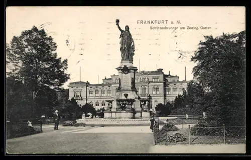 AK Frankfurt a. M., Am Zoologischen Garten, Schützenbrunnen und Gebäude, Panorama