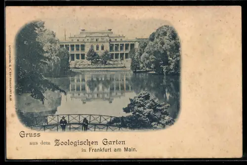 AK Frankfurt, Zoologischer Garten: Hauptgebäude am Teich