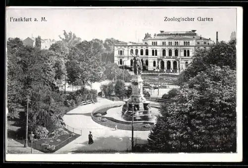 AK Frankfurt a. M., Zoologischer Garten, Gesellschaftshaus aus der Vogelschau, mit Schützenbrunnen
