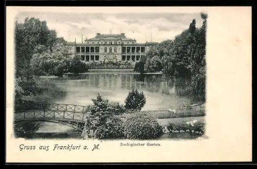 AK Frankfurt a. M., Zoologischer Garten, Brücke, Weiher u. Gebäude