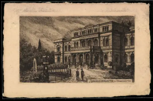 Künstler-AK Frankfurt a. M., Zoologischer Garten, Gebäude und Springbrunnen