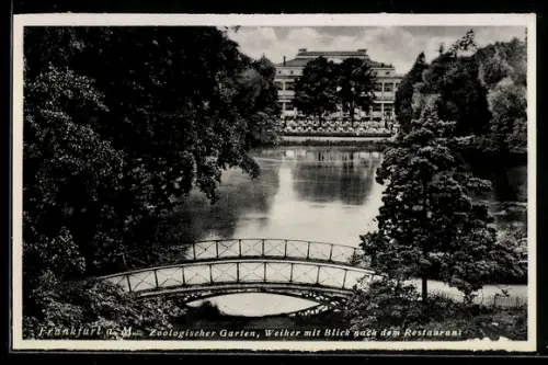 AK Frankfurt a. M., Zoologischer Garten, Weiher mit Blick nach dem Restaurant