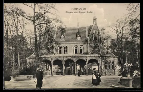 AK Hannover, Zoologischer Garten, Eingang, Gebäudeansicht, Besucher, Verkäufer m. Bauchladen