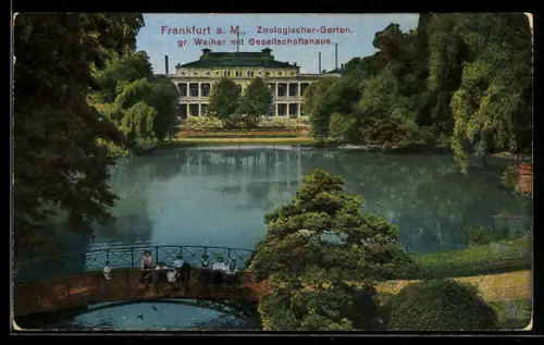 AK Frankfurt a. M., Zoologischer Garten, Gr. Weiher mit Gesellschaftshaus, Brücke