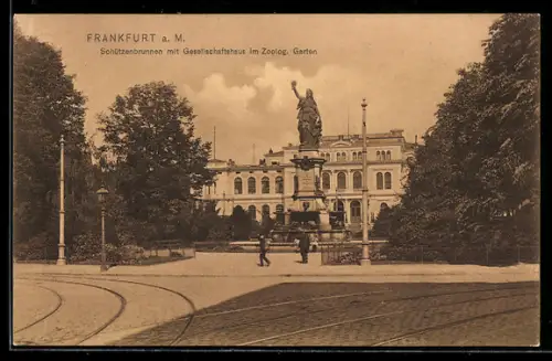 AK Frankfurt /Main, Schützenbrunnen mit Gesellschaftshaus im Zoologischen Garten