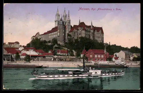 AK Meissen, Kgl. Albrechtsburg, Dom, Dampfschiff MS Kronprinz auf der Elbe