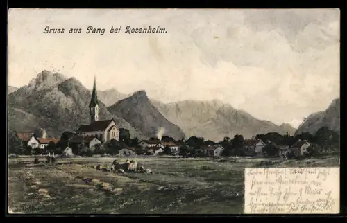 AK Pang bei Rosenheim, Ortsansicht mit Kirche und Bergen