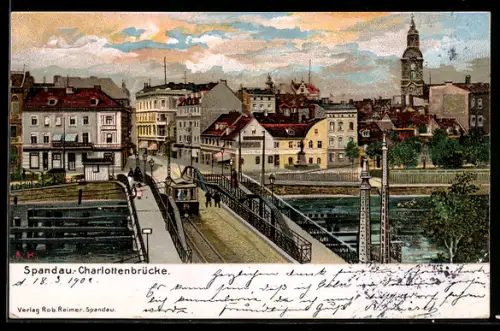 Lithographie Berlin-Spandau, Charlottenbrücke, Strassenbahn, Ortsansicht